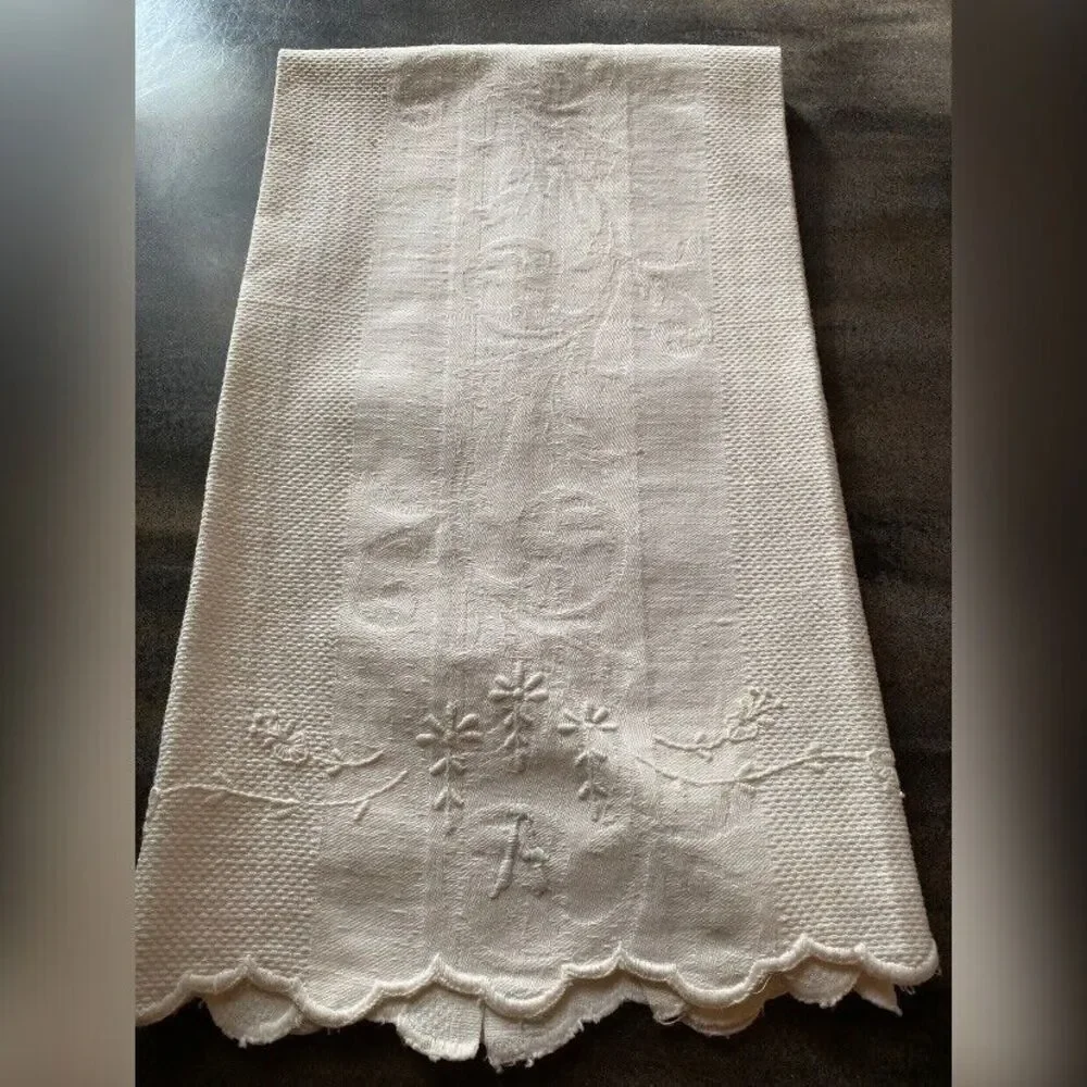 Vintage Table Runner White Embroidered Monogram A Floral Grandmacore 29 X 18”